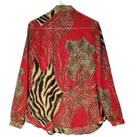 Carrie Allen Animal Print Button Up Blouse Women M Red Leopard LS Sheer Mob Wife - Picture 2 of 13